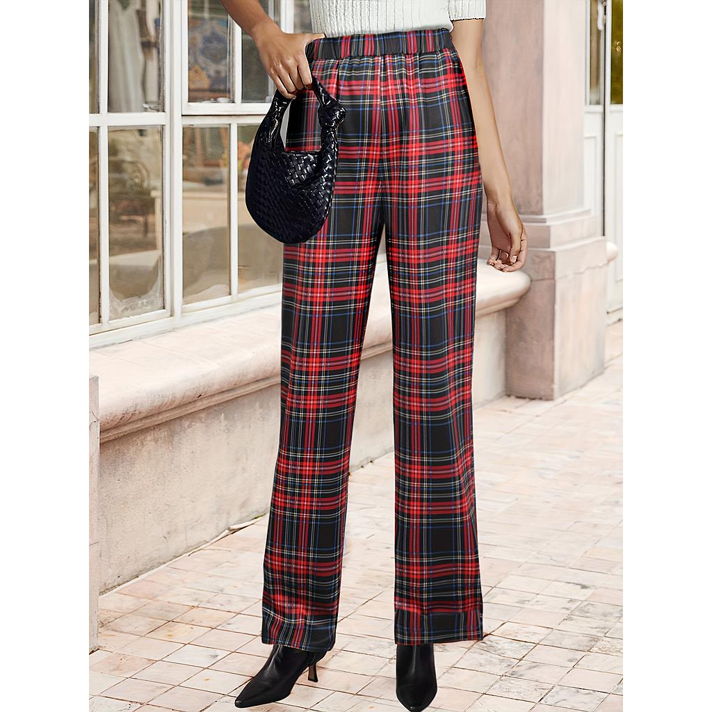 Plaid Print High Waist Pants, Casual Wide Leg Pant