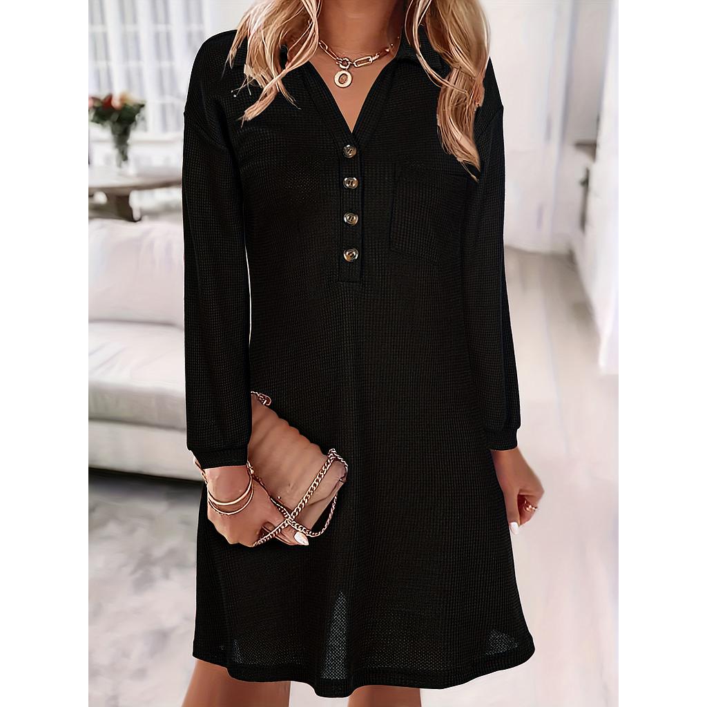 V Neck Button Long Sleeve Dress