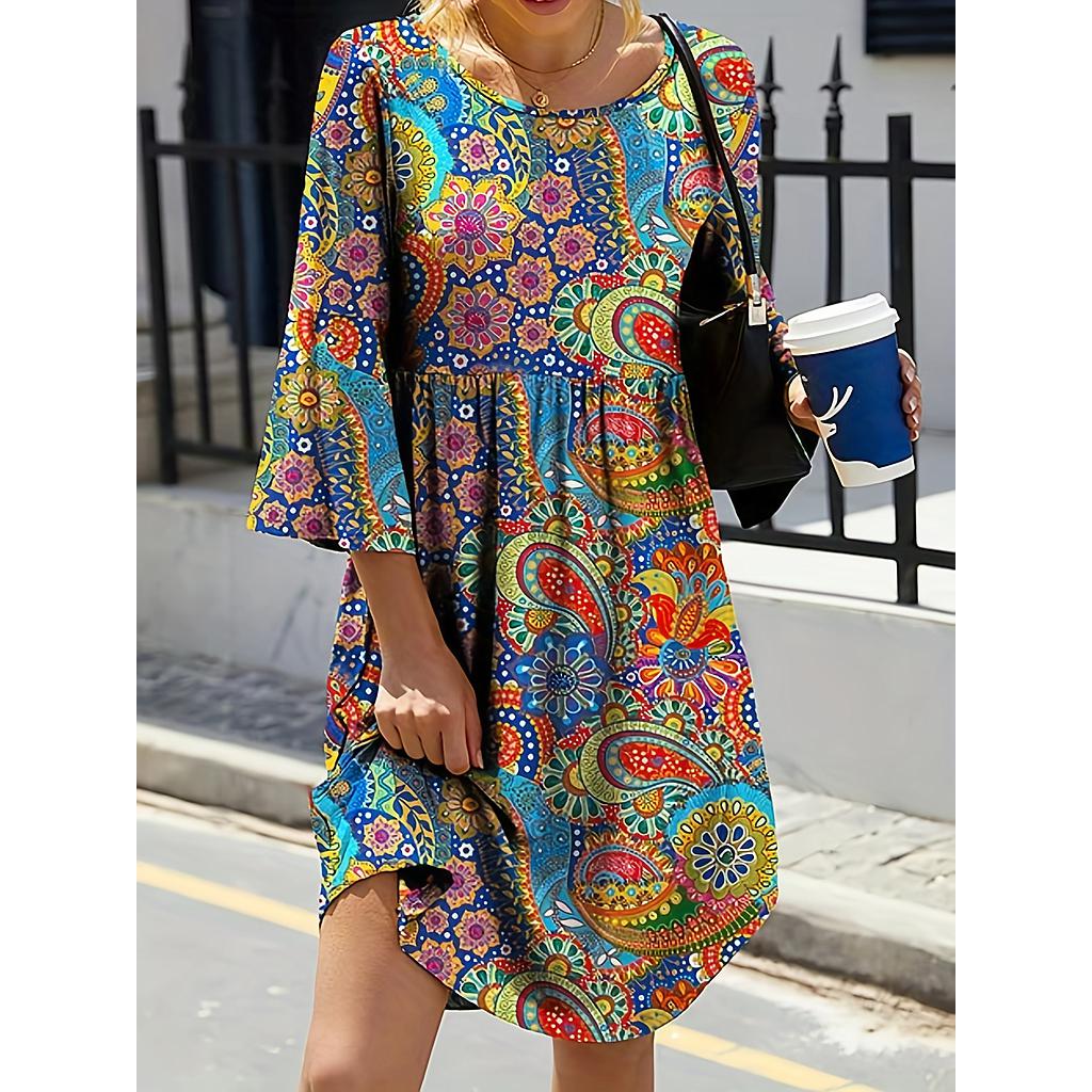 Paisley Print Half Sleeve Round Neck Ruched Boho Dress
