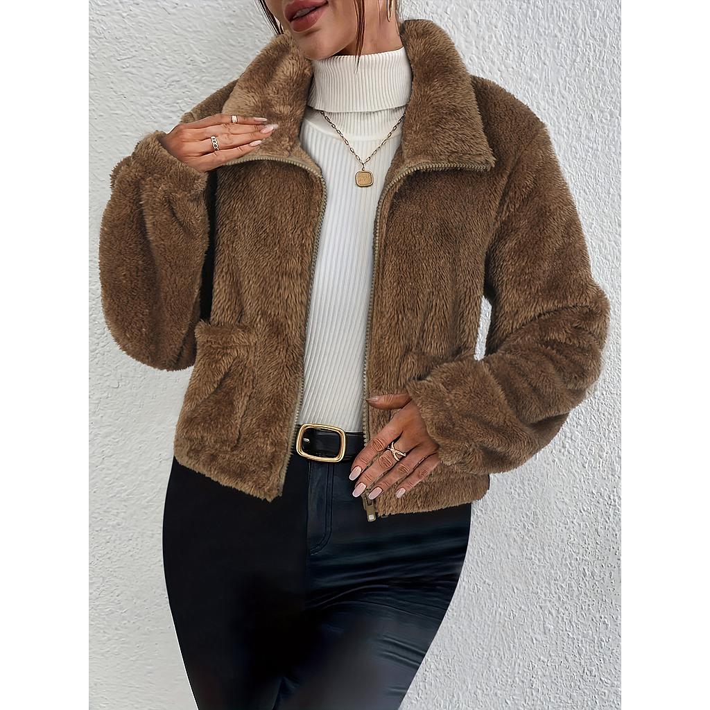Fake Fur Zip Up Short Coat With Pockets
