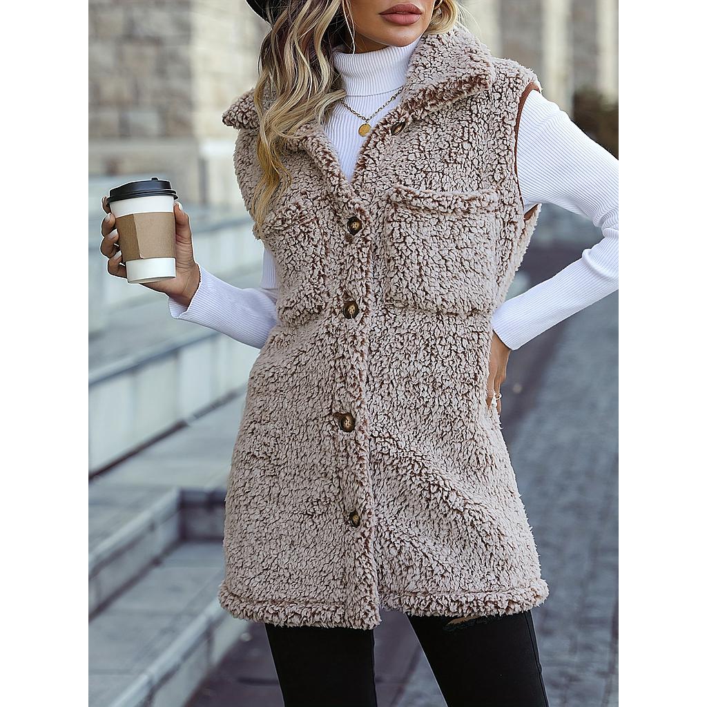 Sleeveless Teddy Vest, Casual Button Front Solid Versatile Vest