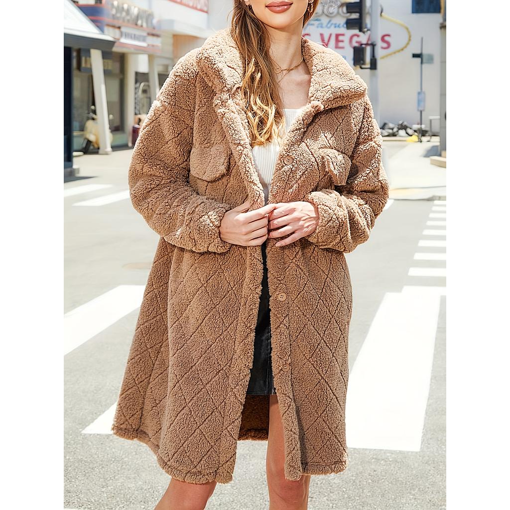 Argyle Pattern Teddy Coat, Elegant Button Front Long Sleeve Outerwear