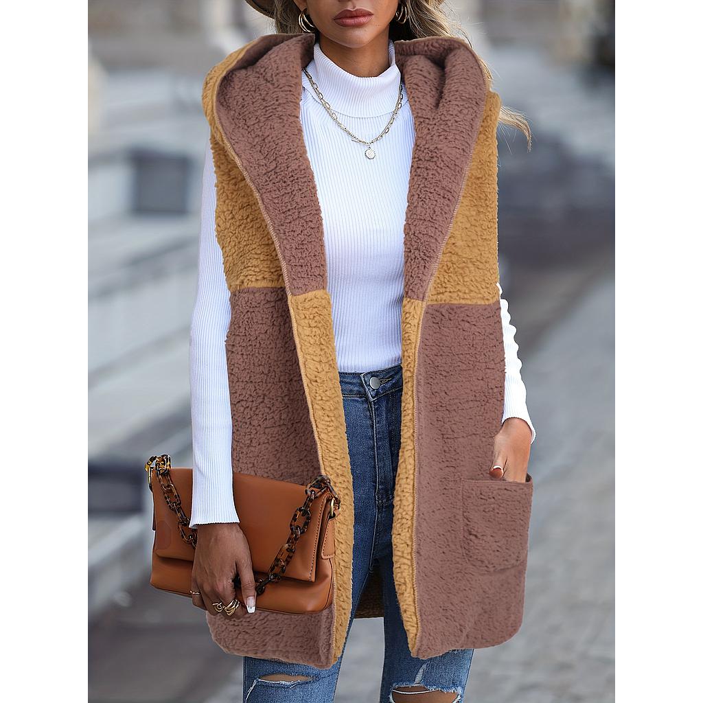 Color Block Hooded Teddy Vest, Casual Open Front Sleeveless Ves