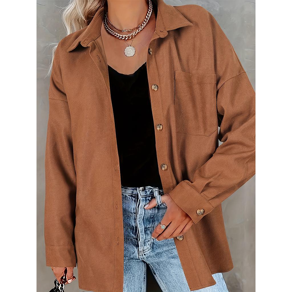 Solid Long Sleeve Button Up Lapel Collar Shirt Top With Pockets