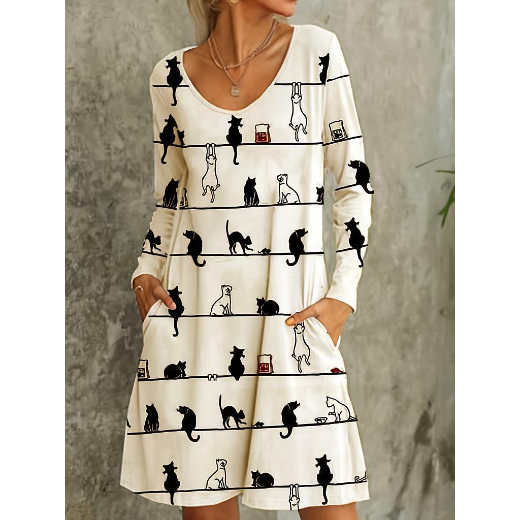 Animal Print Long Sleeve Round Neck Ruched Dress