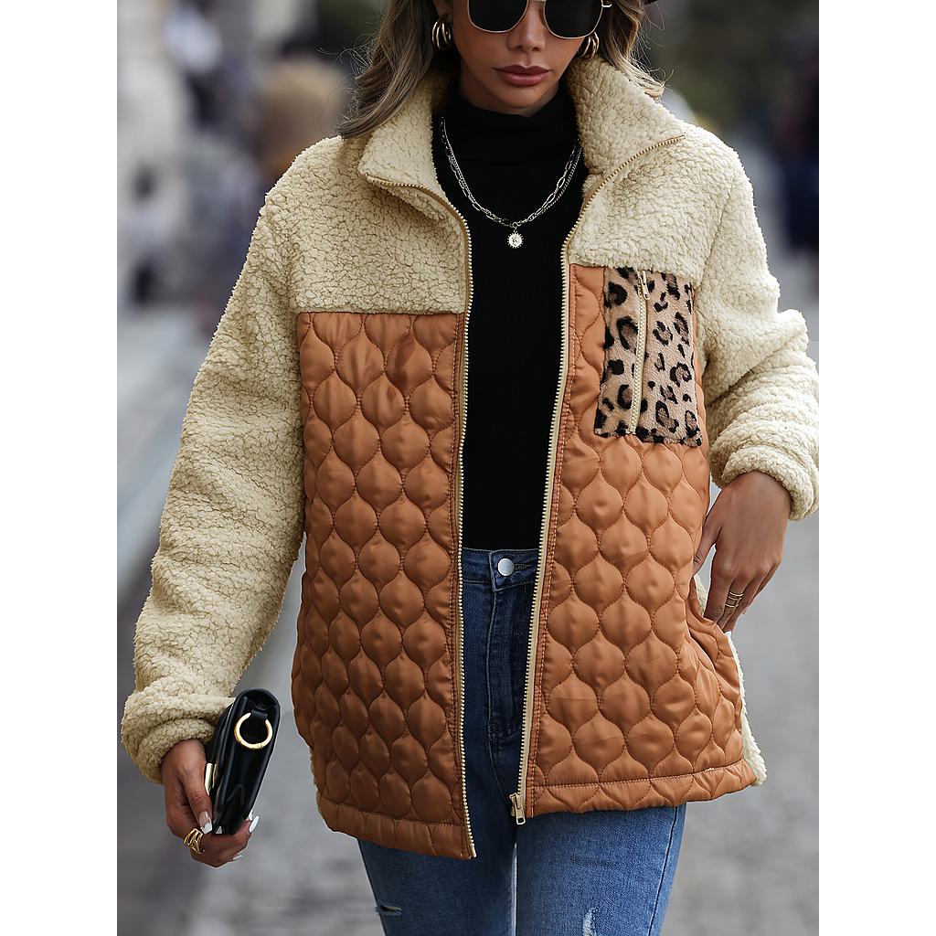 Leopard Patch Work Fleece Zip Up Coat