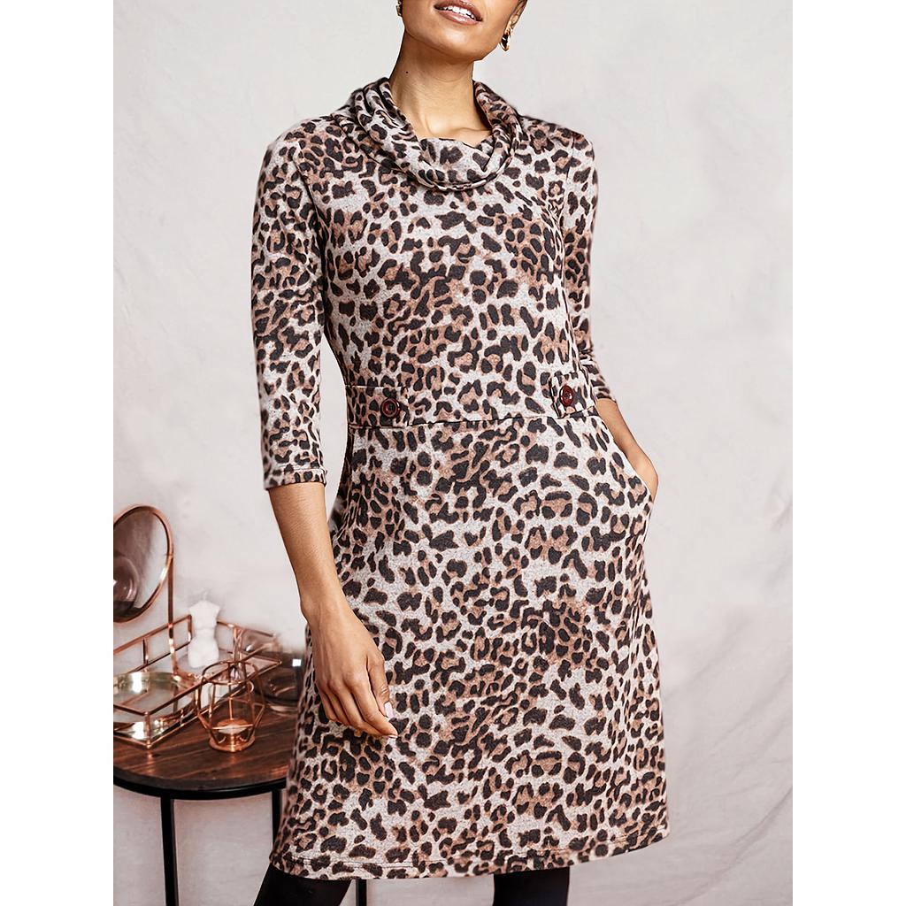 Casual 3/4 Sleeve Turtule Neck Leopard Midi Dress