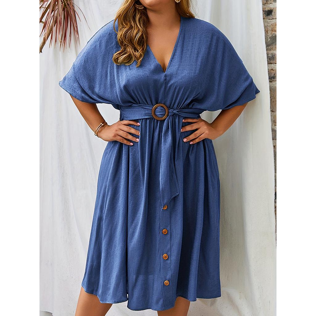 Batwing Button Decor V Neck Midi Dress With Belt Elegant Midi Dress