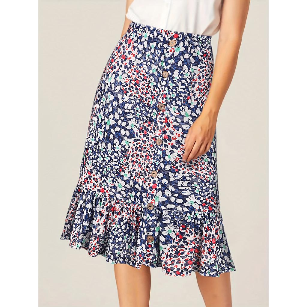 Floral Print High Waist Skirts, Casual Ruffle Trim Button Front Bag Hip Skirts